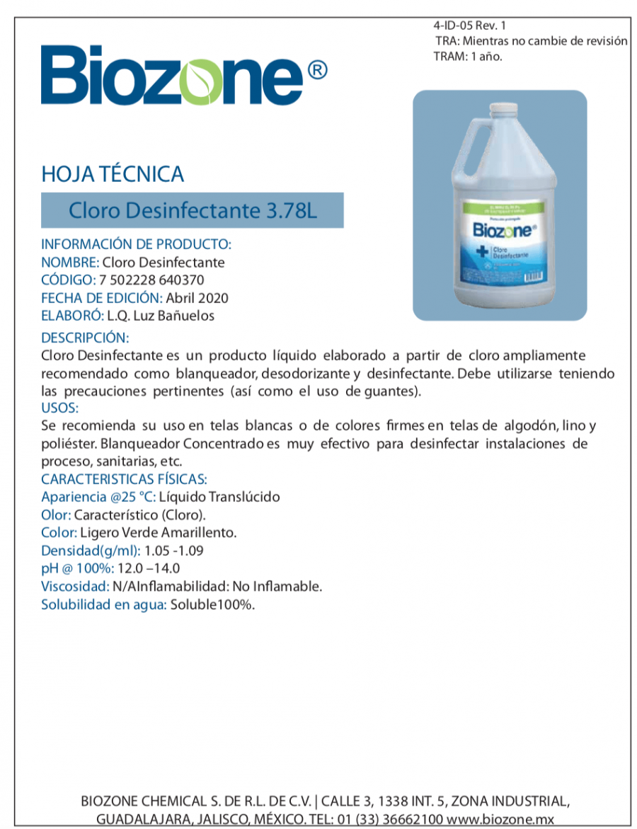 Ficha técnica Cloro Desinfectante Biozone 3.78L