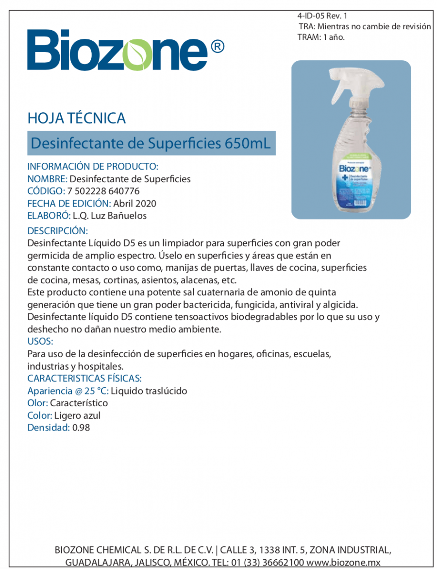 Ficha Técnica Desinfectante de Superficies Biozone 650mL