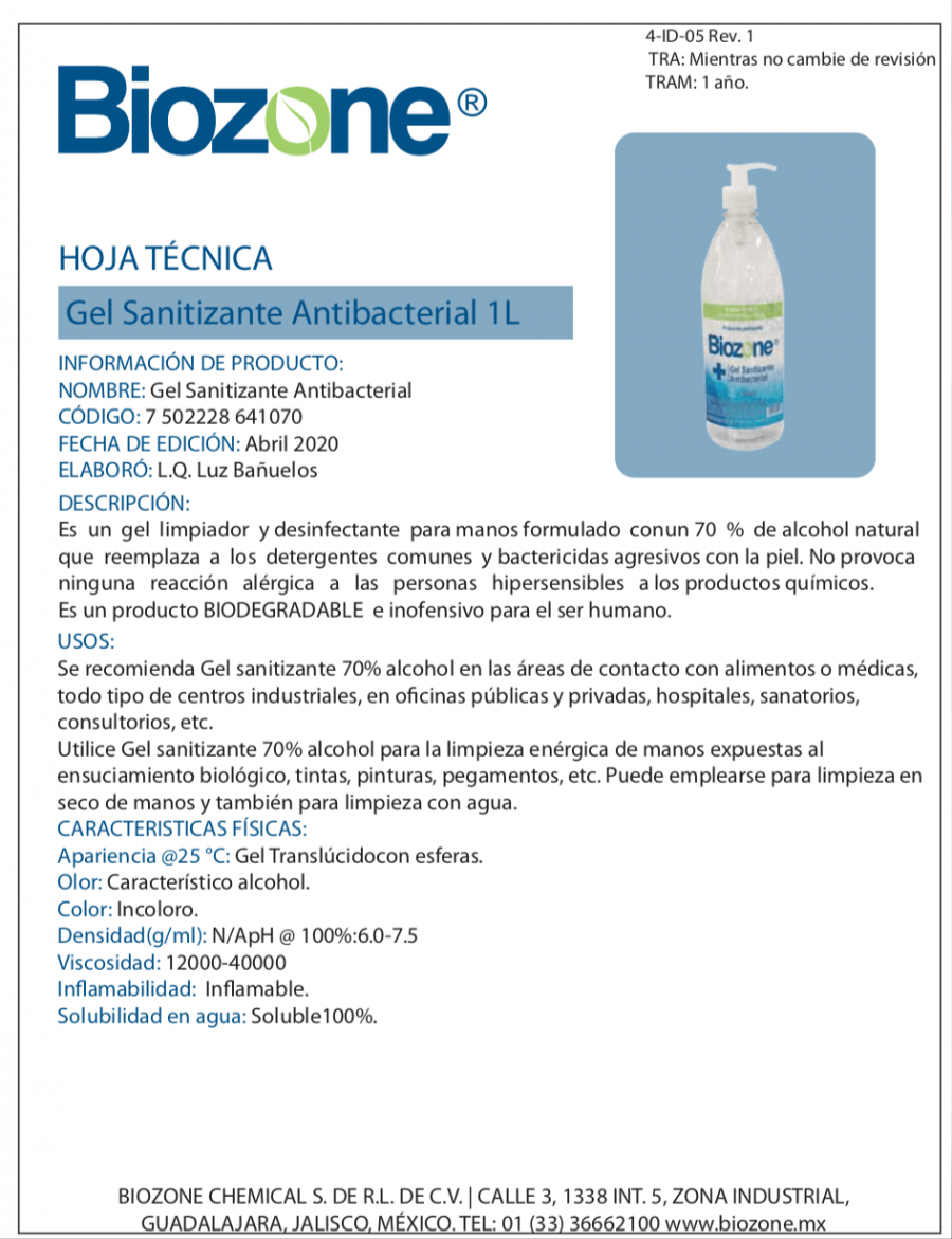 Ficha Técnica Gel Sanitizante Antibacterial Biozone 1L